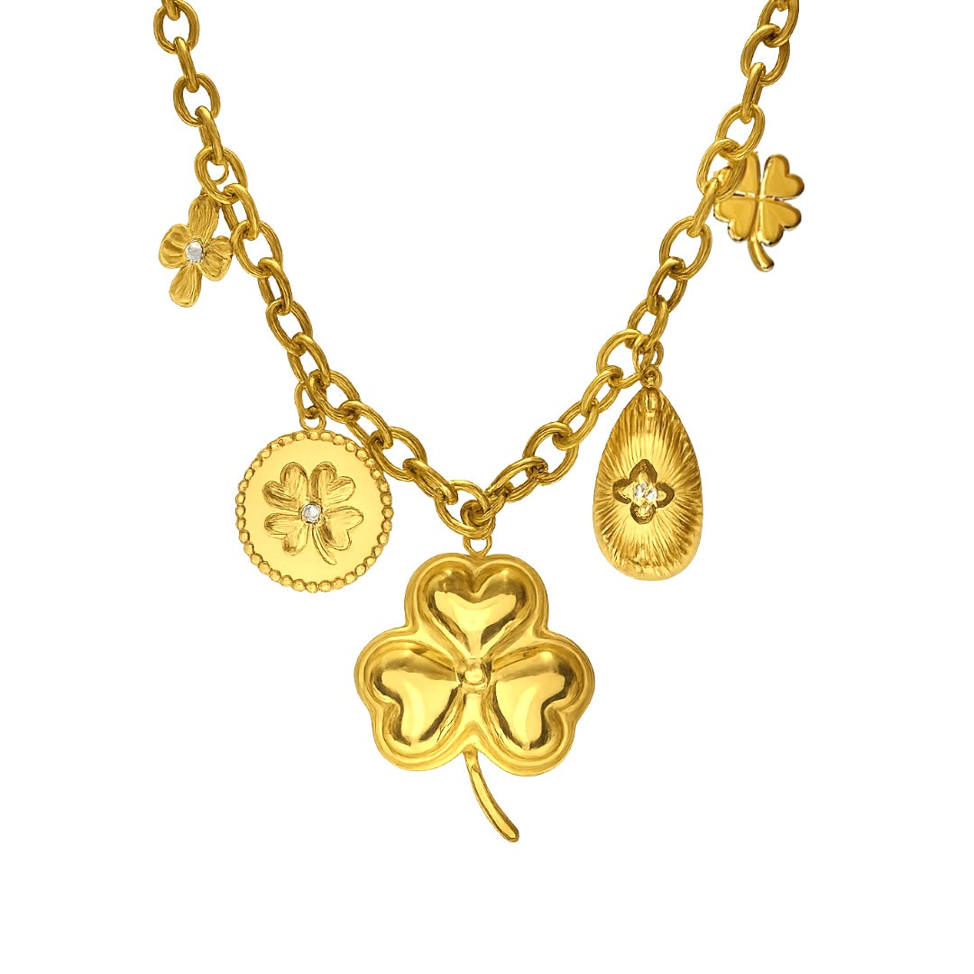 Collar con Dijes de Trébol y Detalles Florales