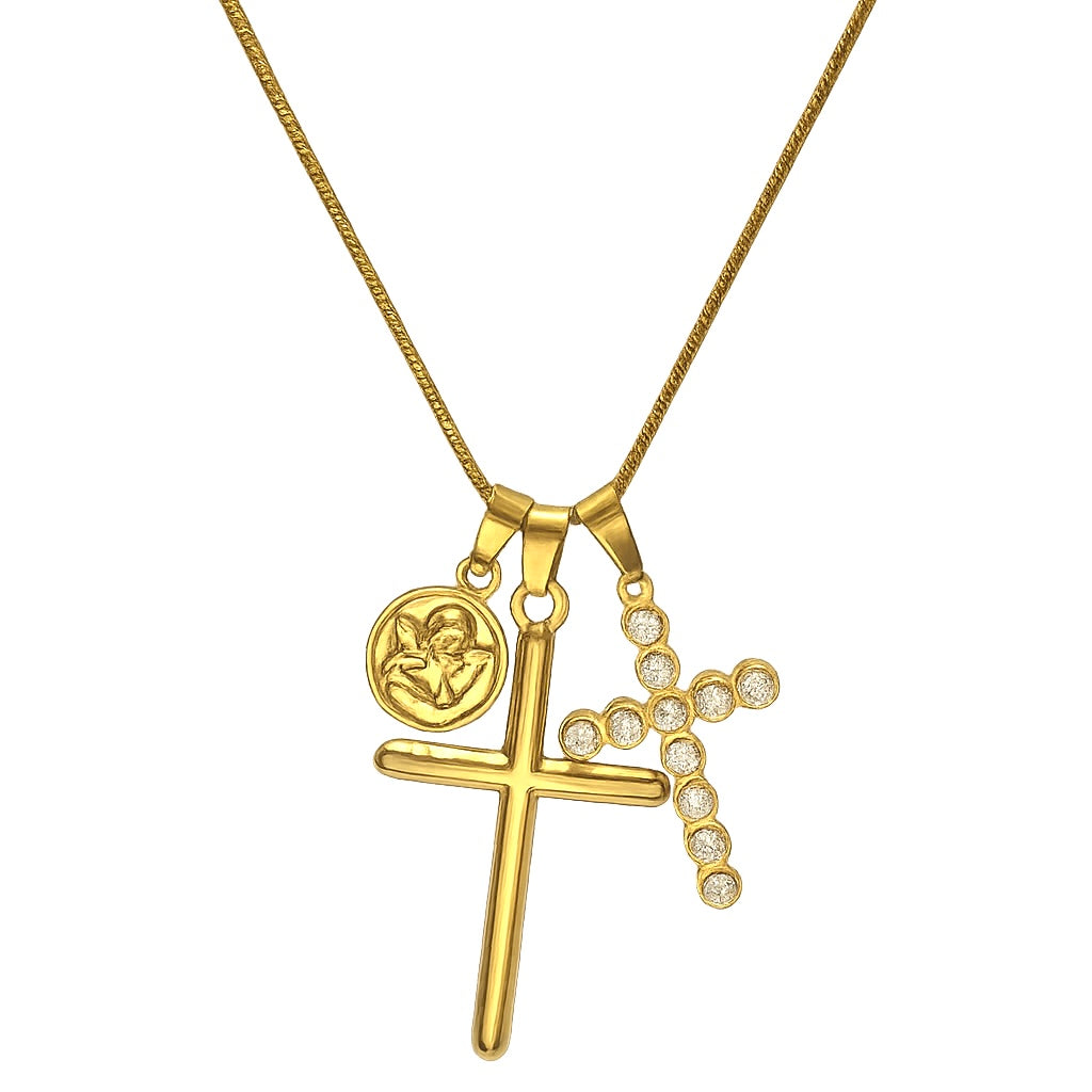 Collar de Acero Inoxidable con Dijes de Cruz y Circonias