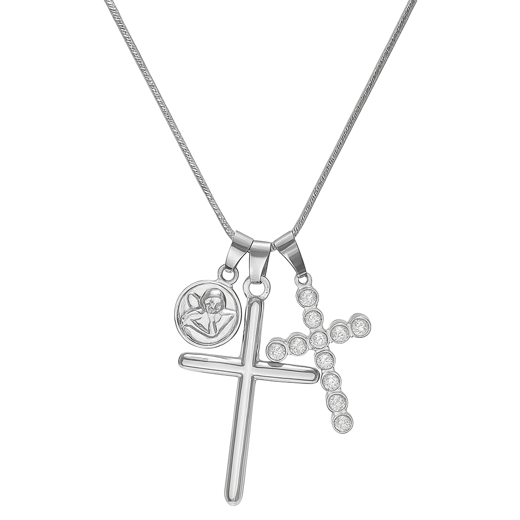 Collar de Acero Inoxidable con Dijes de Cruz y Circonias